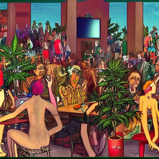 Image similar to the cannabis legalization movement in australia started with customers demanding it in their local cafes, by ernst fuchs colored and remastered in 3 d by pixar