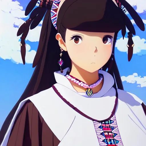 Image similar to a beautiful! plus sized native women instagram model, brown skin, wearing elegant catholic school girl designer fashion with mayan pattern and native style, aztec street fashion, gapmoe yandere grimdark, trending on pixiv fanbox, painted by greg rutkowski makoto shinkai takashi takeuchi studio ghibli, akihiko yoshida