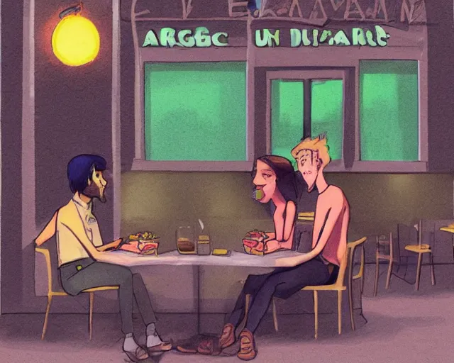 Image similar to a couple of people sitting at a table outside of a restaurant, concept art by hanna - barbera, deviantart contest winner, magic realism, 2 d game art, wiccan, official art