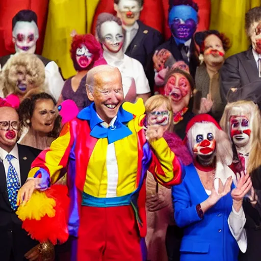 Image similar to A grand circus with Joe Biden in the middle wearing clown costume and colorful clown makeup