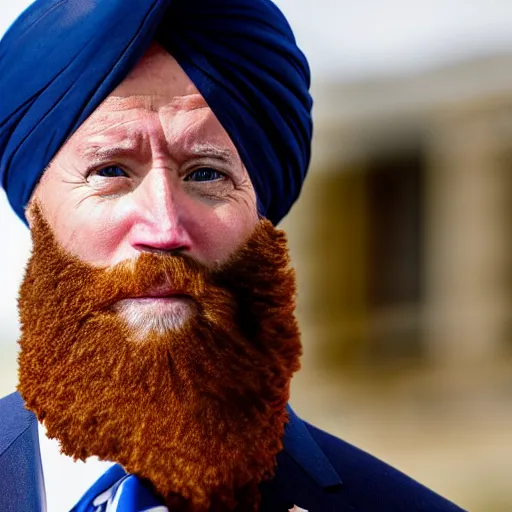 Image similar to a portrait of joe biden wearing a long beard and a turban joining the taliban, fine details, close up, 8 k photography, depth of field, bokeh. i