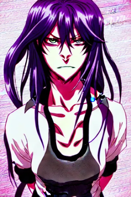 Image similar to style of madhouse studio anime, black lagoon manga, loish, artgerm, rafael albuquerque comic art, portrait of revy from black lagoon, symmetrical eyes and symmetrical face, jean shorts, white tank top, sarcastic evil smirk on face, purple hair