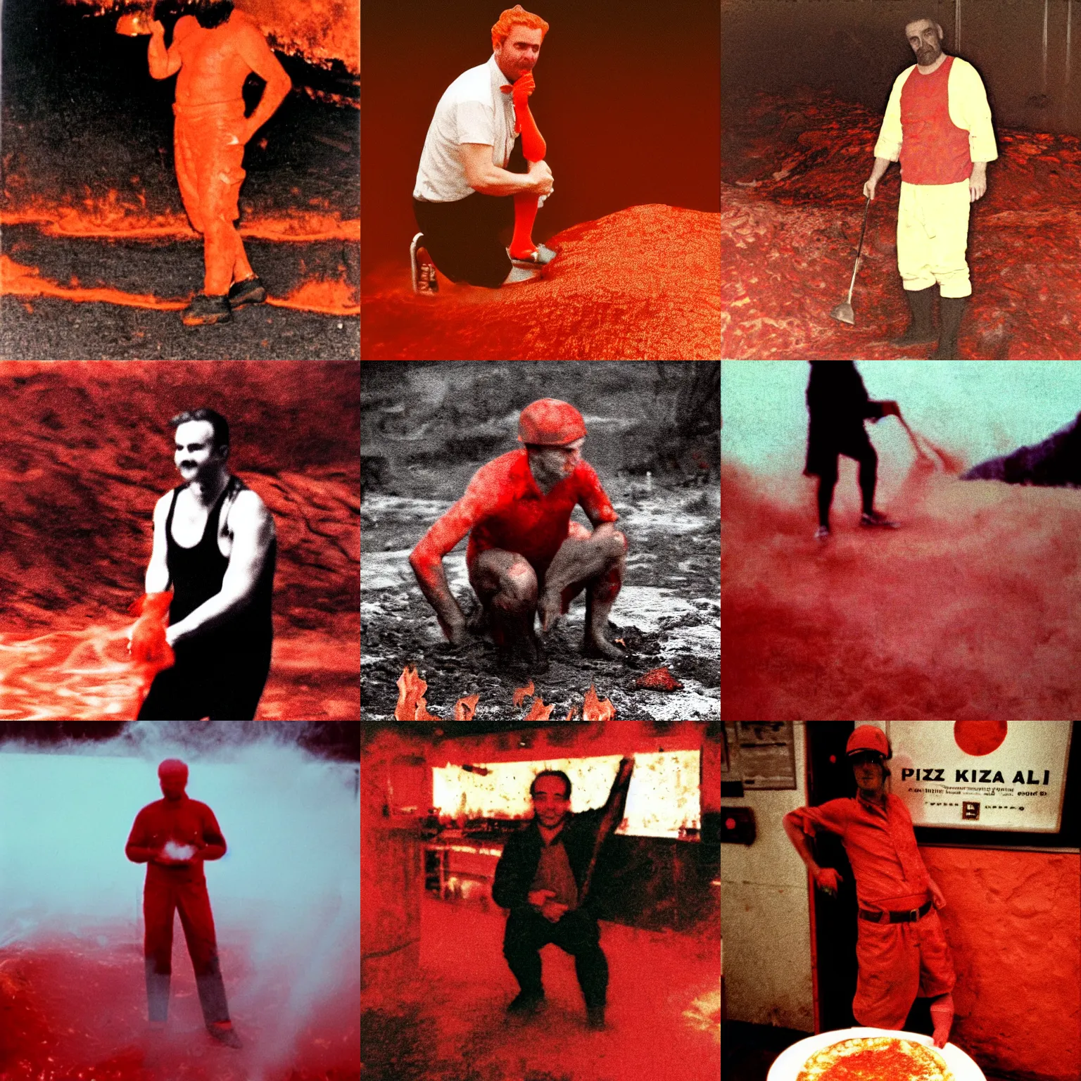 Prompt: a pizzaiolo knee deep in red hot lava, historical photo, grainy photo