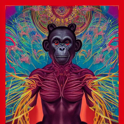 Prompt: ripped physique spirit chrysanthemum shaman chakra telekinesis red artificer Chimpanzee wearing crimson sweatshirt brandishes a blue atomic orb meditation kent monkman elina brotherus jen bartel jim lambie greg rutkowski rothko tombow