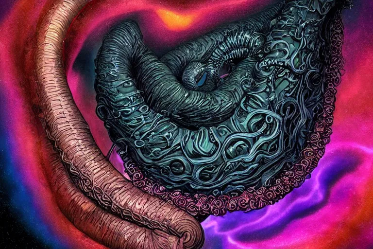 Prompt: a giant lovecraftian tentacle creature gripping a black hole, digital art, photorealistic, vivid colors, highly detailed, intricate