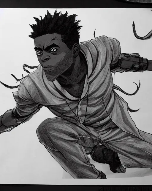 Image similar to a very detailed pencil drawing of kodak black in demon slayer manga panel, action lines, greg rutkowski, in field high resolution, dynamic pose, landscape, medium portrait, action, hyper realistic, manga, koyoharu gotouge, sakuga