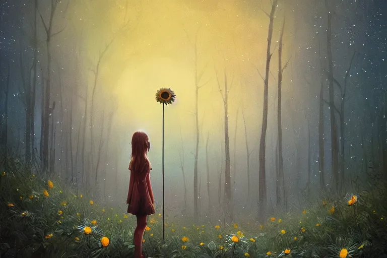 Image similar to giant daisy flower as face, girl standing in forest, surreal photography, dark night, stars, moon light, impressionist painting, clouds, digital painting, artstation, simon stalenhag