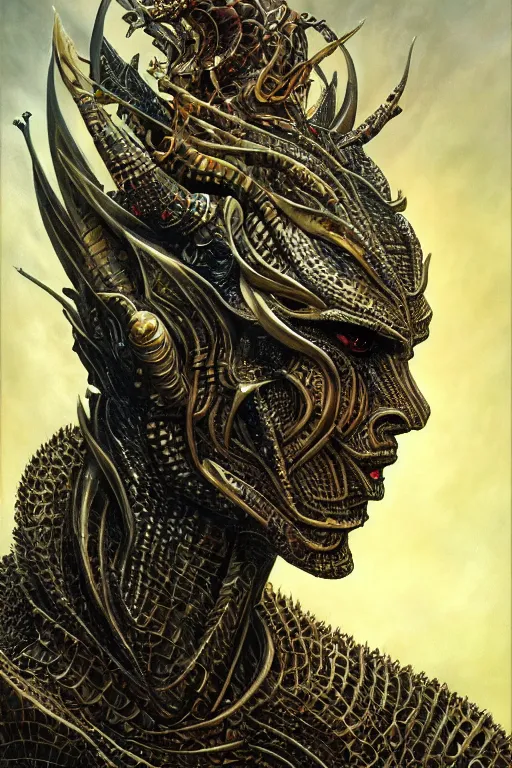 Prompt: single face portrait. complex hyper-maximalist overdetailed beautiful but terrifying, cinematic cosmic scifi portrait of an elegant very attractive but wild and dangerous humanoid reptilian antropomorphic male warrior god by andrei riabovitchev, tomasz alen kopera, oleksandra shchaslyva alex grey and bekinski. Fantastic realism. Extremely ornated with laced bone, branches with big thornes and green poisonous steam. Volumetric soft green and red lights. Omnious intricate. Secessionist style ornated portrait illustration. Poison goddes. Slightly influenced by giger. Zerg human hybrid goddes. Unreal engine 5. Focus on face. Artstation. Deviantart. 8k 4k 64megapixel. Cosmic horror style. Rendered by binx.ly. coherent, hyperrealistic, lifelike textures and only one face on the image.