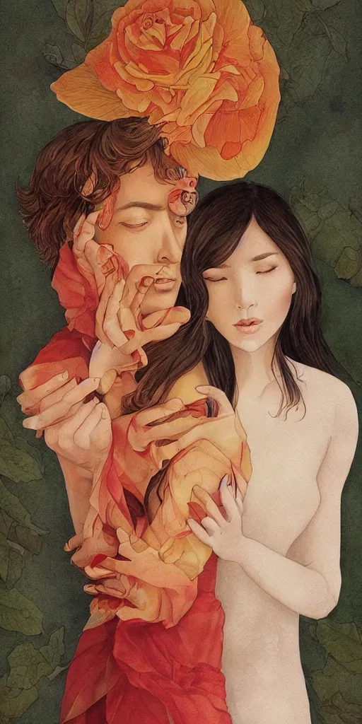 Image similar to greeting card, love, 2 people, by tran nguyen, warm colors, cozy