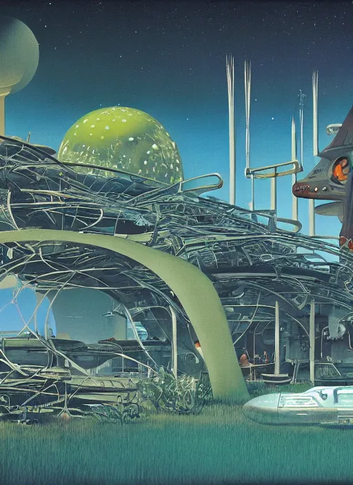 Prompt: photorealistic image of a retro futurism, solarpunk, biopunk, naturecore, by roger dean, by dean ellis