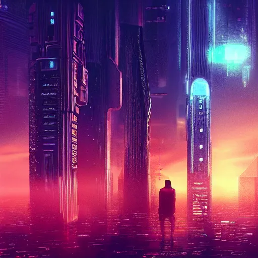 Image similar to « futuristic city, cyberpunk, blade runner, sunrise, morning, girl watching the sky, ground view to the top »