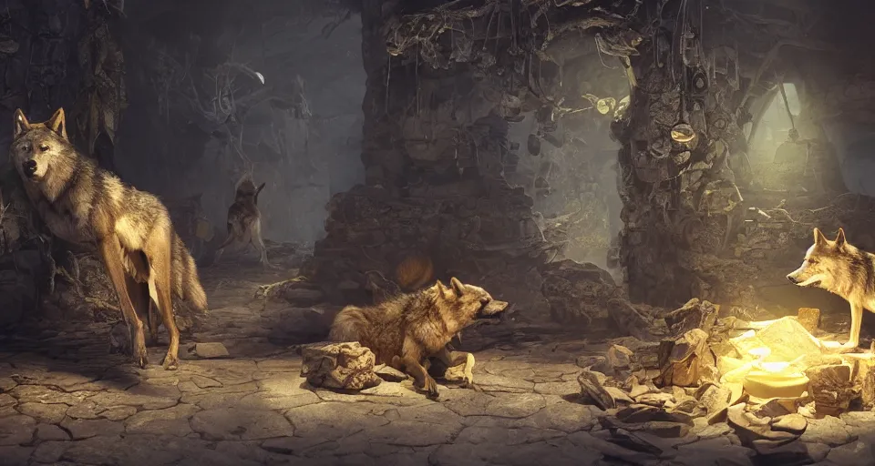 Prompt: wolves and their treasures. digital painting. dungeons, gold, translucent, intricate detail dynamic lighting, hyperrealistic, octane render, highly detailed concept art