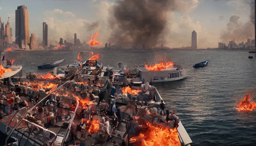 Prompt: Movie scene of people on a boat watching New York city burning far away, hyperdetailed, artstation, cgsociety, 8k