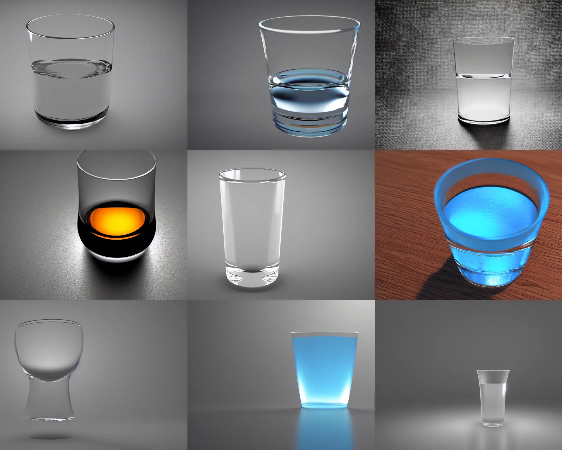 Prompt: 3D render of a glass of water, studio volumetric lighting, blender, 8k