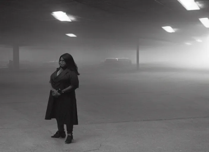 Image similar to cinematic screenshot wide shot of octavia spencer in a foggy abandoned sears parking lot, paranoia everywhere, screenshot from the tense thriller film ( 2 0 0 1 ) directed by spike jonze, volumetric hazy lighting, moody cinematography, 3 5 mm kodak color stock, 2 4 mm lens, ecktochrome