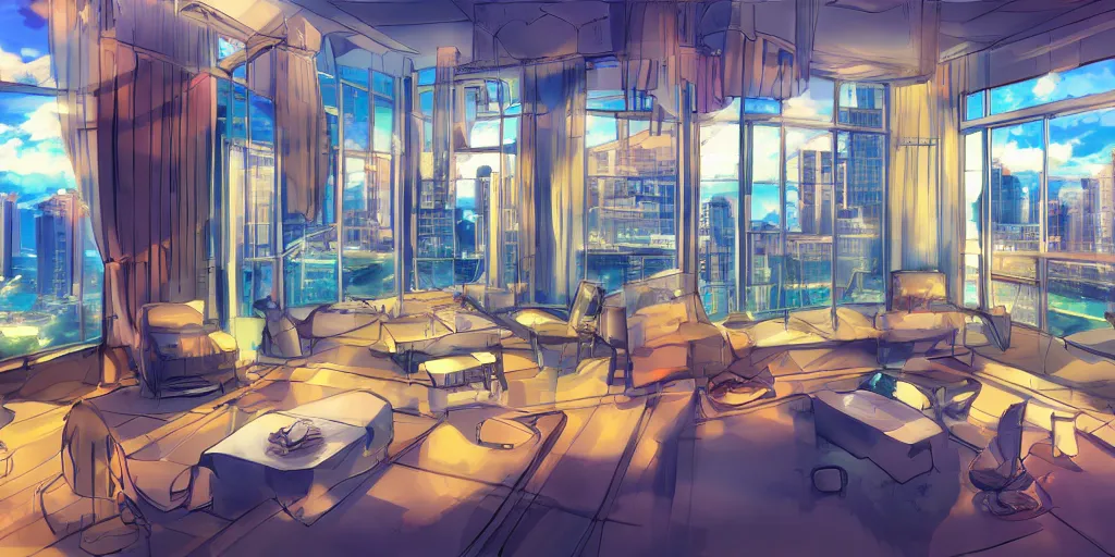 Image similar to anime penthouse background, award - winning digital art