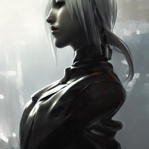 Prompt: portrait of high detail yorha no. 2 type a wearing skintight leather jacket by jeremy mann, fantasy art, dynamic lighting, artstation, poster, volumetric lighting, 4 k, award winning