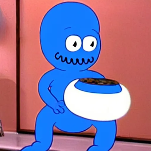 Prompt: still image of hyper realistic mr. meeseeks as a guest star on seinfeld, cinematic ( 1 9 9 4 )