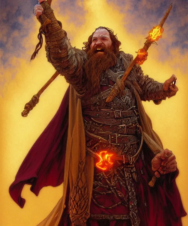 Image similar to gimli as a fantasy dwarf wizard, casting a fireball spell, with a staff and billowing cloak, portrait, fantasy, intricate, elegant, highly detailed, digital painting, artstation, concept art, smooth, sharp focus, illustration, art by larry elmore and greg rutkowski and alphonse mucha