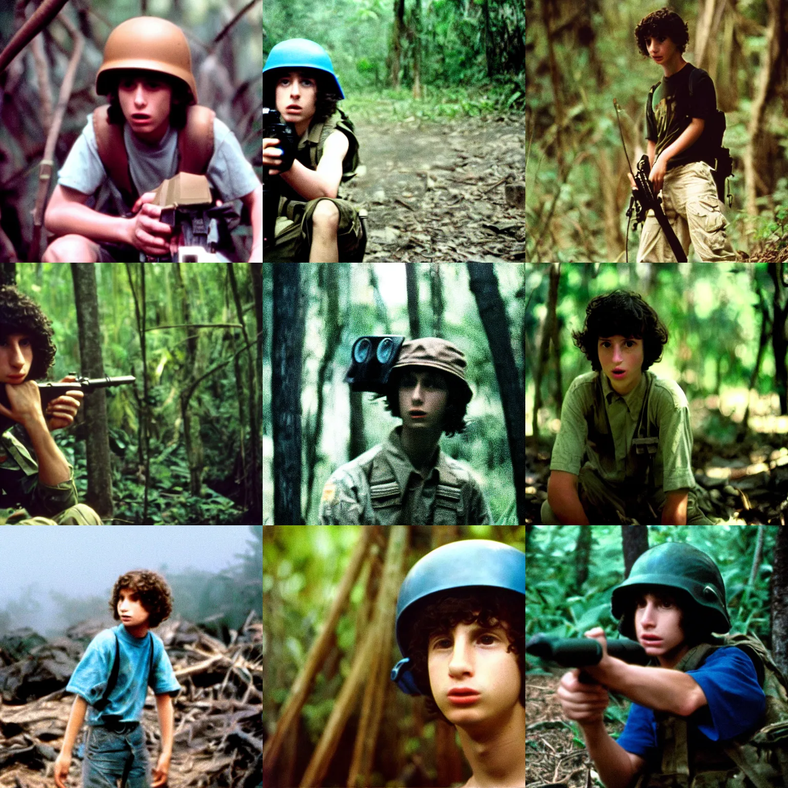 Prompt: film still, finn wolfhard, extreme far view, jungle, vietnam door gunner, apocalypse now, full metal jacket, associated press, kodak ektachrome, blue tint expired film