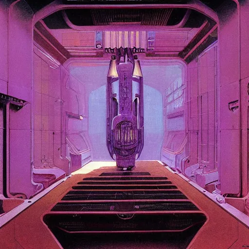 Prompt: painting of a syd mead scifi ancient civilzation interior engine room, purple sun, hr giger, beksinski