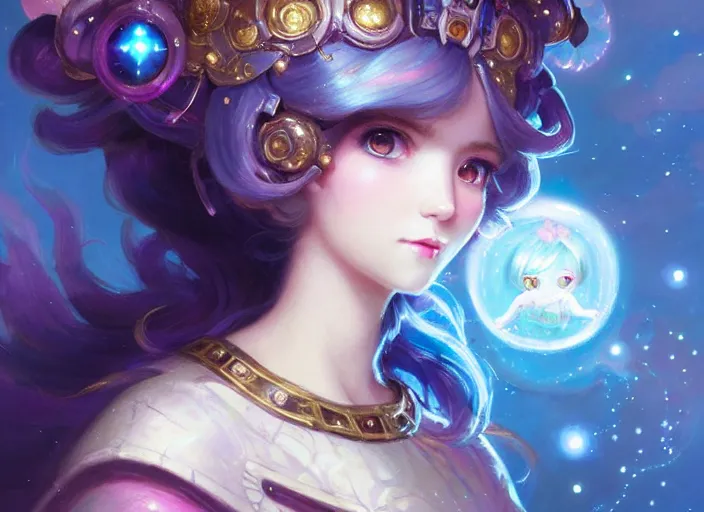 Image similar to close up picture of an maximalist dress magical girl, neat hair with bangs, smug face, extremely beautiful and aesthetic and detailed cute face and eyes, wipe out evils with cute astronaut familiar sprites, aming the magical beams to the camera, chiaroscuro, intricate, masterpiece, epic fantasy illustrations by peter mohrbacher and anato finnstark and jeremy lipking