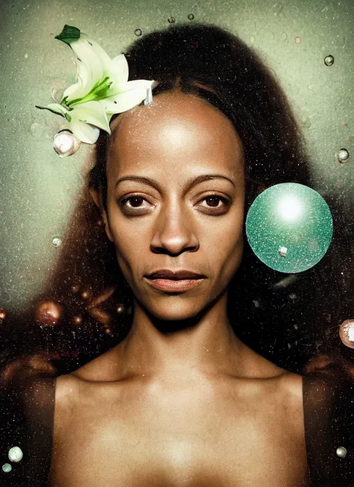 Image similar to Kodak Portra 400, 8K, soft light, volumetric lighting, highly detailed, britt marling style 3/4 by Martin Stranka , extreme Close-up portrait photography of ZoeSaldana as beautiful black skinned mermaid la sirene Haitian god, white lilies, shells, bubbles, how pre-Raphaelites,inspired by Ophelia by Martin Stranka, the face emerges from water of Pamukkale, underwater face, hair are intricate with highly detailed realistic beautiful brunches and flowers like crown, Realistic, Refined, Highly Detailed, soft blur background, outdoor soft pastel lighting colors scheme, outdoor fine art photography, Hyper realistic, photo realistic