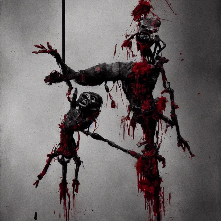 Image similar to a painting of a marionette puppet hanging limp with blood running from his eyes, by greg rutkowski, horror themed, stark light and shadows, grayscale