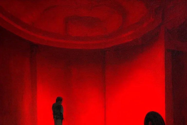 Image similar to only with red, crowd screaming, an exposed painting in a roman theater, in the style of beksinski, parts by edward hopper, parts by rodcenko, parts by yue minjun, intricate and epic composition, red by caravaggio, insanely quality, highly detailed, masterpiece, red light, artstation, 4 k