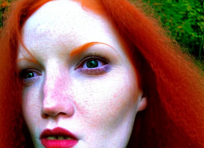 Image similar to award winning face close up portrait of a redhead in a park by hr giger