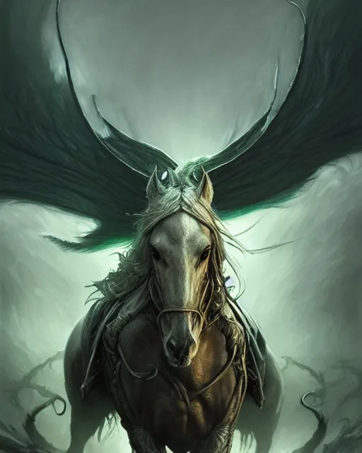 Image similar to concept art by artgerm, pestilence of the four horsemen of the apocalypse, soft green natural light, intricate, hooded death riding a horse, highly detailed dark art, digital painting, artstation, concept art, smooth, sharp focus, illustration, art by greg rutkowski and luis rollo and uang guangjian and gil elvgren, symmetry!