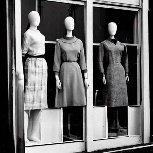 Prompt: female mannequins in shop window. 1 9 5 9 s. folk horror