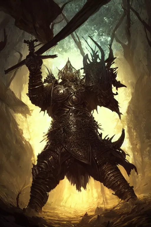 Image similar to Huge fishheaded warrior in armor, portrait, woodlands, magic the gathering artwork, D&D, fantasy, cinematic lighting, centered, symmetrical, highly detailed, digital painting, artstation, concept art, smooth, sharp focus, illustration, volumetric lighting, epic Composition, 8k, art by Akihiko Yoshida and Greg Rutkowski and Craig Mullins, oil painting, cgsociety