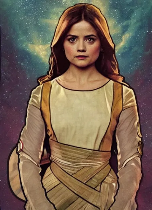 Image similar to jenna coleman as a star trek captain, a still from star trek painted by alphonse mucha. clear highly detailed face, beautiful sci fi art