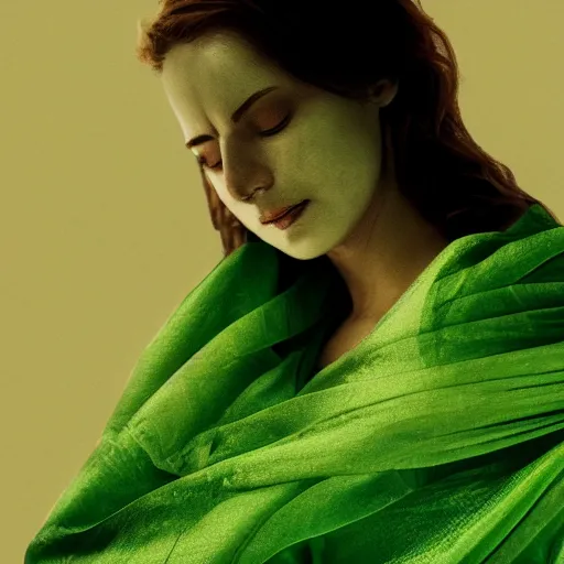 Prompt: a photorealistic portrait of a woman draped in a green cloth, 4 k dramatic lighting, digital art