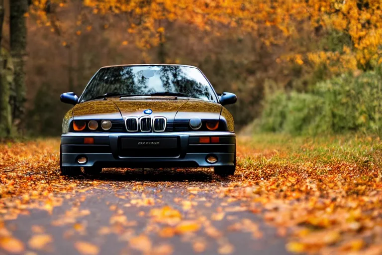 Prompt: A BMW e36 parked in a road with trees, autumn season, Epic photography, taken with a Leica camera, 50 mm, depth of field, bokeh