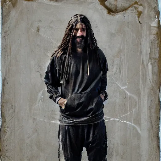 Image similar to a full body portrait of modern day jesus wearing jerry lorenzo streetwear hoodie and pants by nicola samori, oil painting, smudges, realistic, 8 k, adidas sneakers style