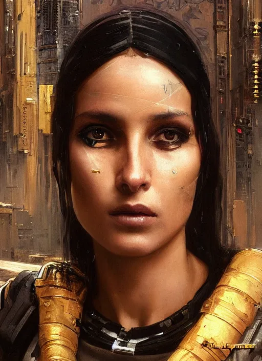 Prompt: Beautiful Sophia. beautiful female cyberpunk assassin wearing a military vest and military stealthsuit (cyberpunk 2077, Blade Runner 2049). gorgeous face. African woman. Iranian orientalist portrait by john william waterhouse and Edwin Longsden Long and Theodore Ralli and Nasreddine Dinet, oil on canvas. Cinematic, hyper realism, realistic proportions, dramatic lighting, high detail 4k