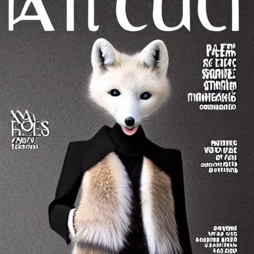 Image similar to fashion magazine cover, featuring anthropomorphic Arctic Fox dressed formally