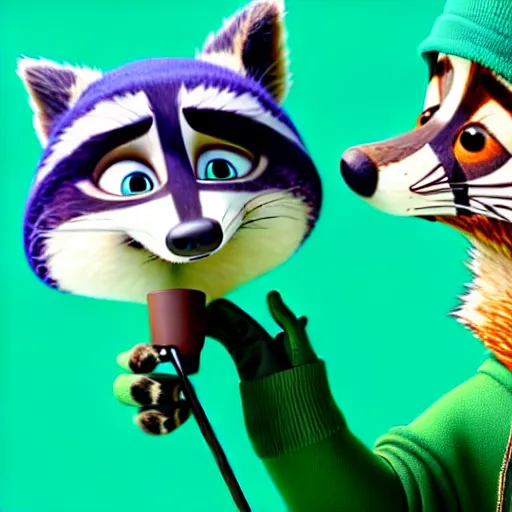 Image similar to a very relaxed stoner with a black hoodie on with a furry raccoon head from zootopia, wearing teal beanie, holding a small vape, blowing out smoke, 3 d render, 8 k, extremely detailed fur, wearing a cool marijuana t - shirt