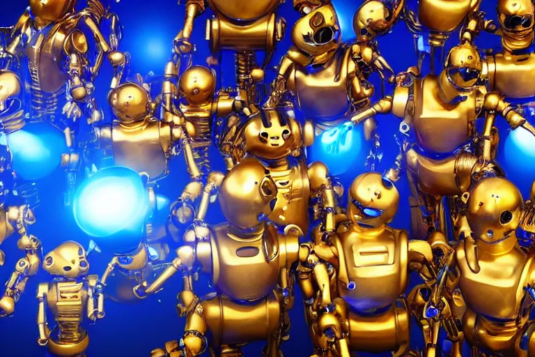 Prompt: a queue of 7 golden and blue metal humanoid steampunk robots dancing inside a television studio from americas got talent, robots are wearing and gears and tubes, eyes are glowing red lightbulbs, shiny crisp finish, 3 d render, 8 k, insaneley detailed, fluorescent colors, nightlight