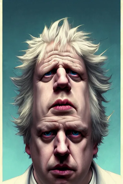 Prompt: Boris Johnson as drunk genius Rick Sanchez, one eyebrow, white robe, big eyes, 2d portrait, symmetrical, highly detailed, digital painting, artstation, concept art, smooth, sharp focus, illustration, cinematic lighting, art by artgerm and greg rutkowski and alphonse mucha