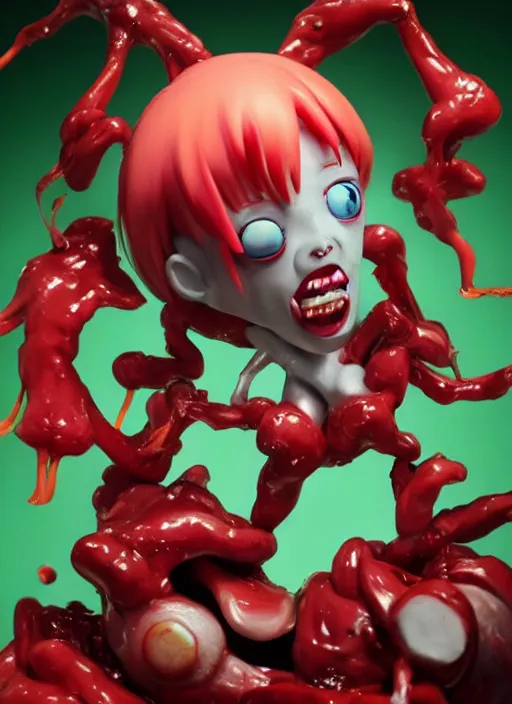 Prompt: a dramatic hyperrealistic pop surrealist oil panting of an enraged grotesque kawaii vocaloid figurine caricature screaming red in the face lunging with popping veins featured on doom eternal by aardman animation made of warp spasm