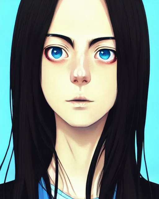 Image similar to portrait Anime kaya scodelario, skins, cute-fine-face, black-hair, blue eyes, pretty face, realistically shaded, Perfect face, fine details. Anime. skins, realistic shaded lighting by Ilya Kuvshinov, katsuhiro otomo, ghost-in-the-shell, magali villeneuve, artgerm, rutkowski, WLOP