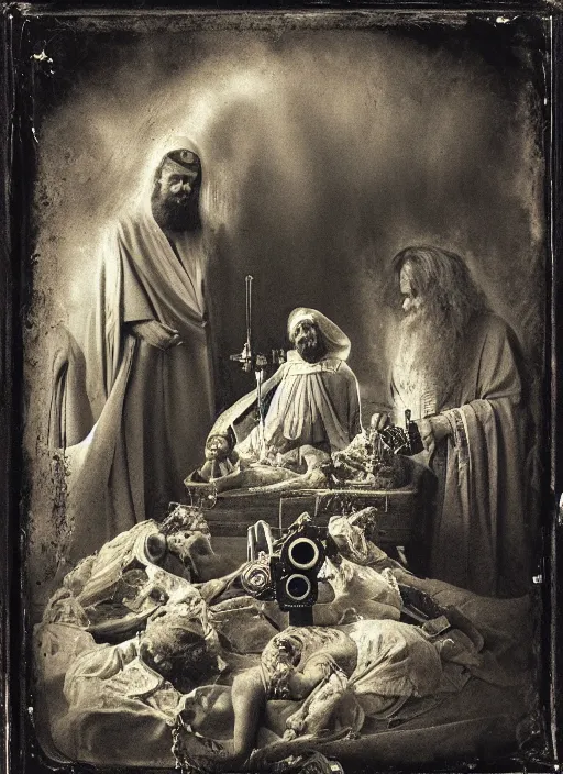 Prompt: old wetplate daguerreotype portrait of birth of jezus, explosion of data fragments, fractal, intricate, elegant, highly detailed, parallax, leica, medium format, subsurface scattering, by jheronimus bosch and greg rutkowski and louis jacques mande daguerre