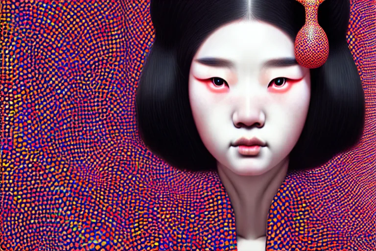 Prompt: hyperrealistic detailed portrait of a geisha, background by yayoi kusama, part by kei mieno, part by ross tran, part by james jean, ultra realistic, highly detailed, symmetrical face, detailed body, 3 d render, very cohesive, masterpiece