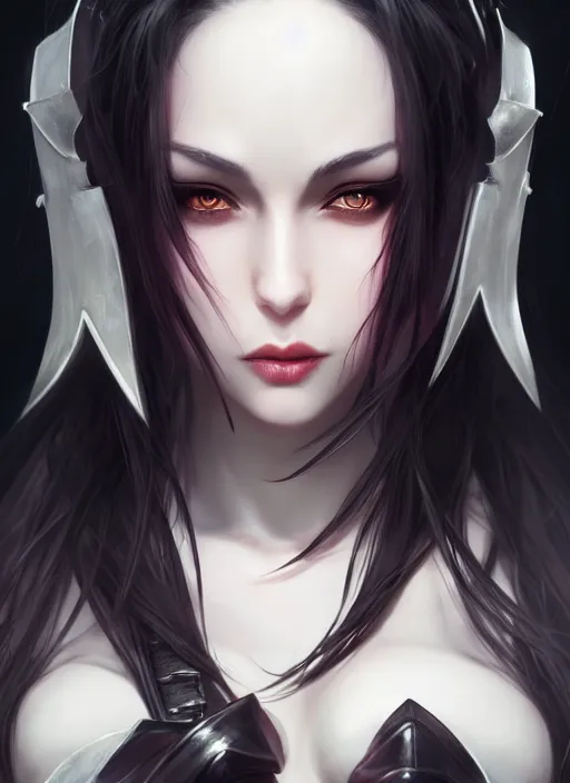 Prompt: full plate armor!!! beautiful and elegant dark hair female vampire!! gorgeous ayes!! character concept art, sharp focus, octane render! unreal engine 5! highly rendered!! trending on artstation!! detailed linework!! illustration by artgerm, wlop, and chie yoshii