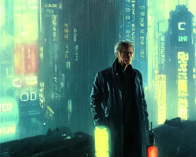 Image similar to 2 0 1 8 blade runner movie still young clint eastwood look at the cityscape from roof perfect face fine realistic face pretty face reflective polymer suit tight neon puffy jacket blue futuristic sci - fi elegant by denis villeneuve tom anders zorn hans dragan bibin thoma greg rutkowski ismail inceoglu illustrated sand storm alphonse mucha