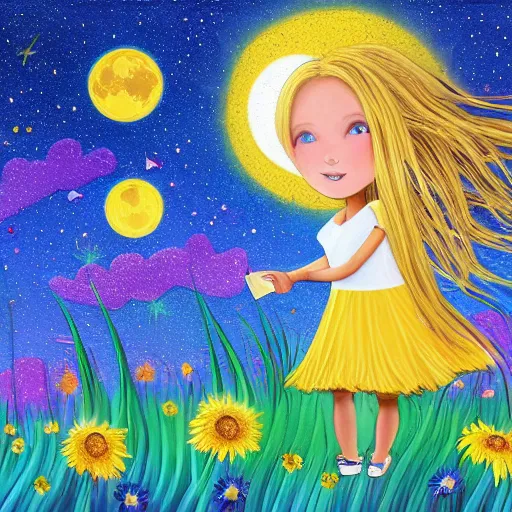 Prompt: a long dirty blond colored hair, 4 year old girl in a rainbow dress with her back to us, in a colorful meadow holding a sunflower in her hand, standing in moonlight, on a clear magnificent night sky, looking up at the earths one moon, highly detailed, magical, canvas print, award winning, 8 k, artstation