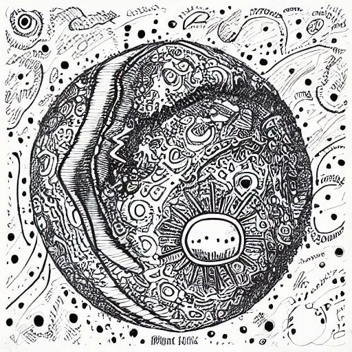 Prompt: black and white ink doodle illustration of a hippo shaped planet in interstellar space, style by peter deligdisch, peterdraws